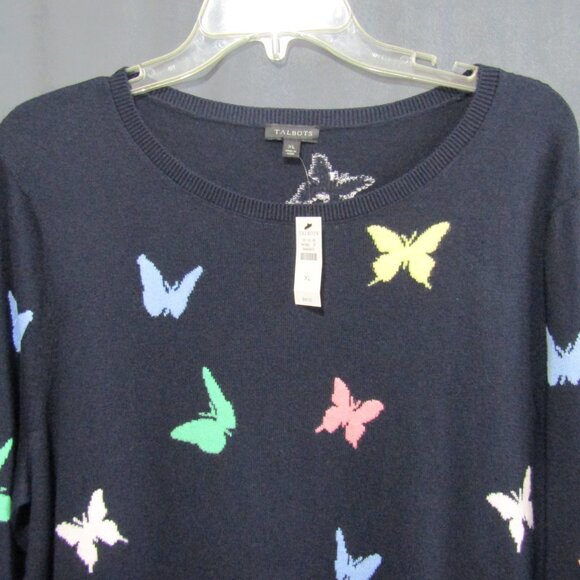 Talbots Navy Blue Multicolor Butterfly Sweater Women Size XL Long Sleeve New Tag - Picture 2 of 8